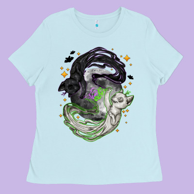 Magical Cats Ghost With Moon Halloween Ladies Tee Designed By Nancycooperartshop