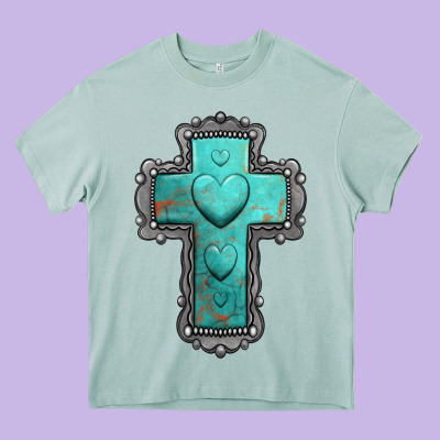 Turquoise Gemstone Cross Heavy Core Tee Designed By Jasminsmagicworld