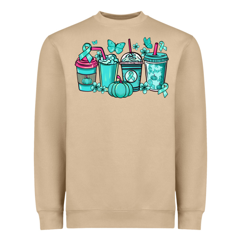 Ovarian Cancer Coffee Cups Teal Ribbon Heavyweight Sweatshirt by NancyCooperArtShop | Teevron