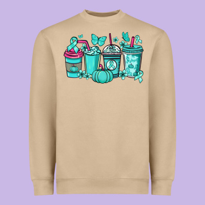 Ovarian Cancer Coffee Cups Teal Ribbon Heavyweight Sweatshirt Designed By Nancycooperartshop