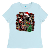Baby Blue Skeleton with coffee cup Christmas Ladies Tee - NancyCooperArtShop