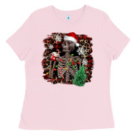 Bubblegum Pink Skeleton with coffee cup Christmas Ladies Tee - NancyCooperArtShop