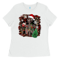 White Skeleton with coffee cup Christmas Ladies Tee - NancyCooperArtShop