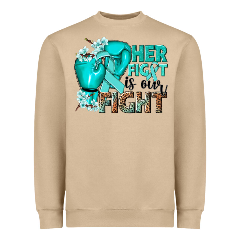 Her Fight Is Our Fight Ovarian Cancer Teal Ribbon Heavyweight Sweatshirt by NancyCooperArtShop | Teevron