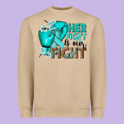 Her Fight Is Our Fight Ovarian Cancer Teal Ribbon Heavyweight Sweatshirt Designed By Nancycooperartshop