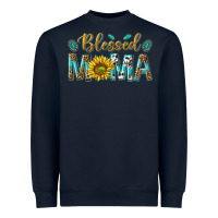 Navy Western Blessed Mama with Leopard and Sunflower Heavyweight Sweatshirt - texasbilliewilder