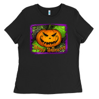 Black Happy Halloween Pumpkin Ladies Tee - Jasminsmagicworld