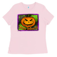 Bubblegum Pink Happy Halloween Pumpkin Ladies Tee - Jasminsmagicworld