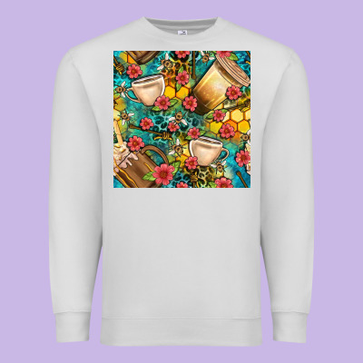 Honey And Bee Coffee Cup With Flowers And Leopard Seamless Pattern Bbs Premium Sweatshirt Designed By Bundleandbundleshop
