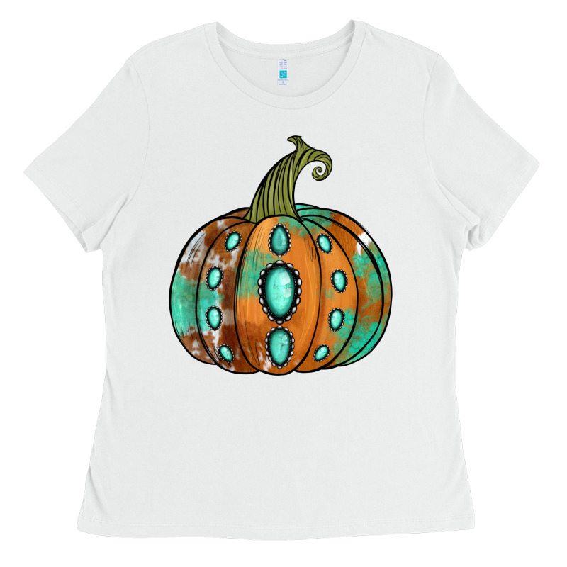 Western Cowhide Turquoise Pumpkin Ladies Tee by Jasminsmagicworld | Teevron