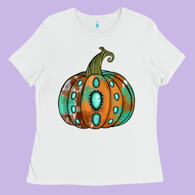 Western Cowhide Turquoise Pumpkin Ladies Tee Designed By Jasminsmagicworld