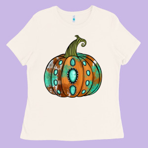Western Cowhide Turquoise Pumpkin Ladies Tee Designed By Jasminsmagicworld
