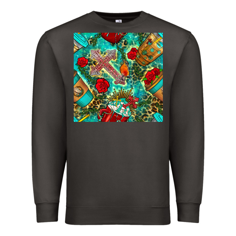 Faith Coffee Cup And Cross With Leopard And Roses Seamless Pattern Bbs Premium Sweatshirt by BundleAndBundleShop | Teevron