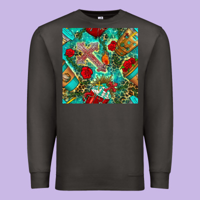 Faith Coffee Cup And Cross With Leopard And Roses Seamless Pattern Bbs Premium Sweatshirt Designed By Bundleandbundleshop