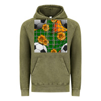 Vintage Olive soccer balls and sunflowers with goal nets seamless pattern Vintage Hoodie - BundleAndBundleShop