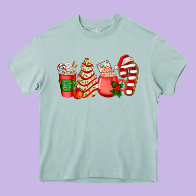 Christmas Tree Cake And Coffee Cups Ado Heavy Core Tee Designed By Adodesignshop