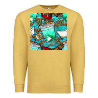 Antique Gold fish coffee cups and reeds with paper boat and leopard lake seamless p Premium Sweatshirt - BundleAndBundleShop