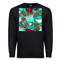 Black fish coffee cups and reeds with paper boat and leopard lake seamless p Premium Sweatshirt - BundleAndBundleShop