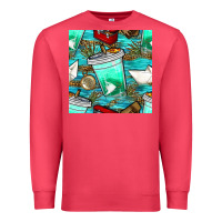 Cardinal fish coffee cups and reeds with paper boat and leopard lake seamless p Premium Sweatshirt - BundleAndBundleShop
