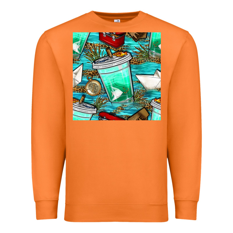 Fish Coffee Cups And Reeds With Paper Boat And Leopard Lake Seamless P Premium Sweatshirt by BundleAndBundleShop | Teevron