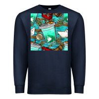 Navy fish coffee cups and reeds with paper boat and leopard lake seamless p Premium Sweatshirt - BundleAndBundleShop