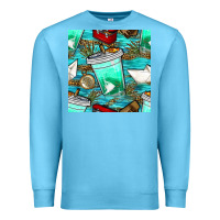 Ocean Blue fish coffee cups and reeds with paper boat and leopard lake seamless p Premium Sweatshirt - BundleAndBundleShop