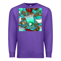 Purple fish coffee cups and reeds with paper boat and leopard lake seamless p Premium Sweatshirt - BundleAndBundleShop