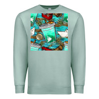 Seafoam fish coffee cups and reeds with paper boat and leopard lake seamless p Premium Sweatshirt - BundleAndBundleShop