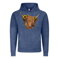 Vintage Denim highland cow with sunflowers turquoise Vintage Hoodie - RanaPortraitStore