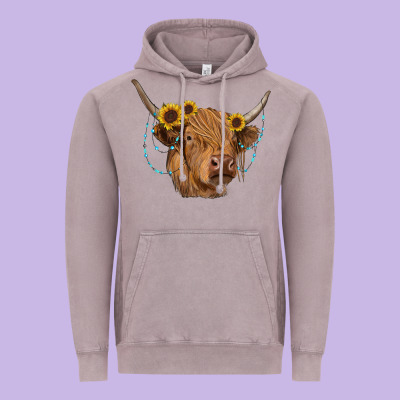 Highland Cow With Sunflowers Turquoise Vintage Hoodie Designed By Ranaportraitstore