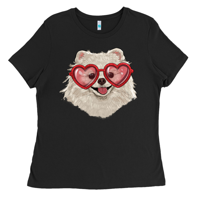 White Pomeranian With Love Glasses Ladies Tee by RanaPortraitStore | Teevron
