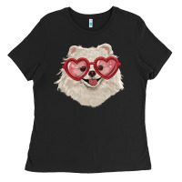 Black white pomeranian with love glasses Ladies Tee - RanaPortraitStore