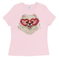 Bubblegum Pink white pomeranian with love glasses Ladies Tee - RanaPortraitStore