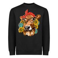 Black Western Cow with Sunflowers and Gemstone Heavyweight Sweatshirt - texasbilliewilder