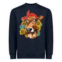 Navy Western Cow with Sunflowers and Gemstone Heavyweight Sweatshirt - texasbilliewilder
