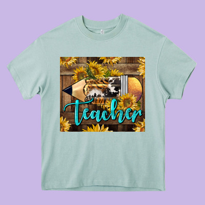 Western Teacher Pencil With Sunflowers Heavy Core Tee Designed By Lillyallendesigns