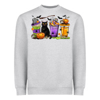Heather Grey Halloween Cat Coffee Cups Heavyweight Sweatshirt - texasbilliewilder