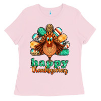 Bubblegum Pink happy thanksgiving turkey Ladies Tee - Jasminsmagicworld