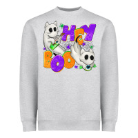 Heather Grey Hey Boo with Ghost Cats Heavyweight Sweatshirt - texasbilliewilder