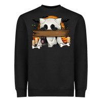 Black Personalized Halloween Ghost Cat Heavyweight Sweatshirt - texasbilliewilder