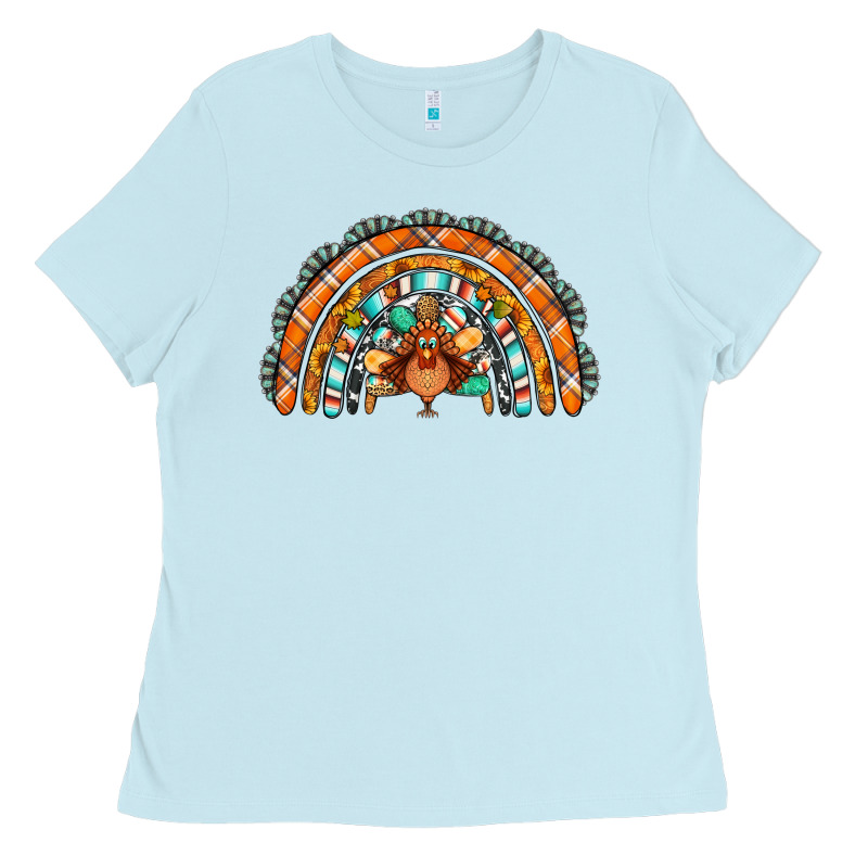 Turquoise Thanksgiving Turkey Rainbow Ladies Tee by Jasminsmagicworld | Teevron