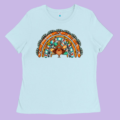 Turquoise Thanksgiving Turkey Rainbow Ladies Tee Designed By Jasminsmagicworld