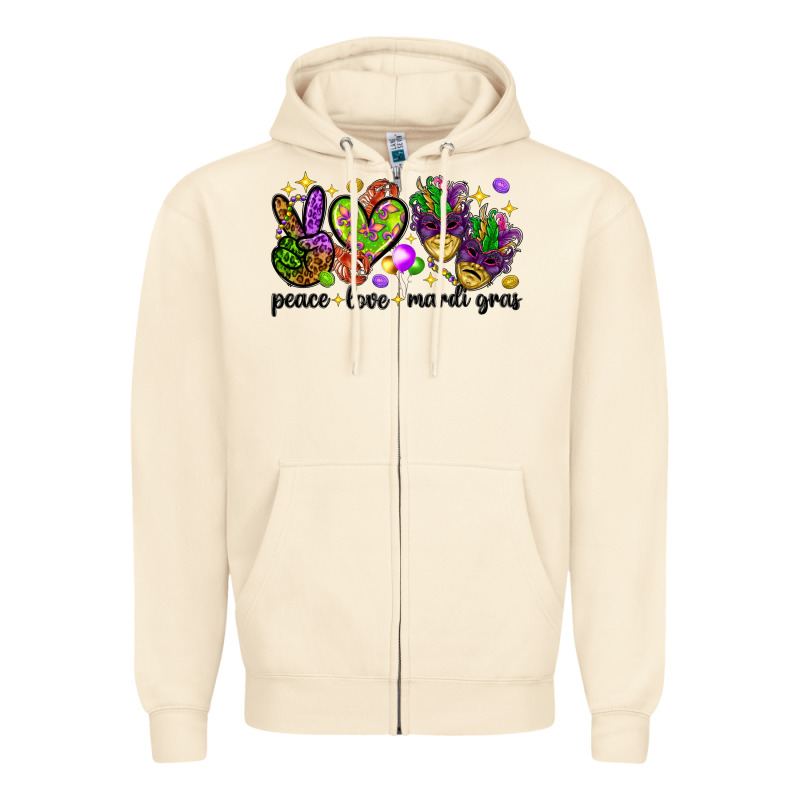 Peace Love Mardi Gras Zipper Hoodie by HowdyJamesFarm | Teevron