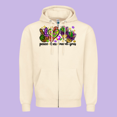 Peace Love Mardi Gras Zipper Hoodie Designed By Howdyjamesfarm