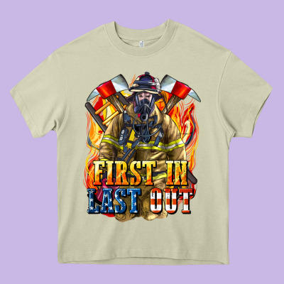 First In Last Out American Firefighter Heavy Core Tee Designed By Lillyallendesigns