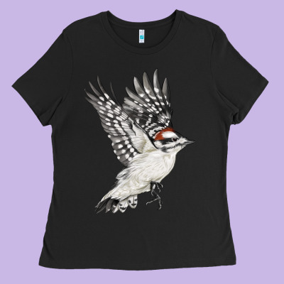 Flying Downy Woodpecker Ladies Tee Designed By Lillyallendesigns