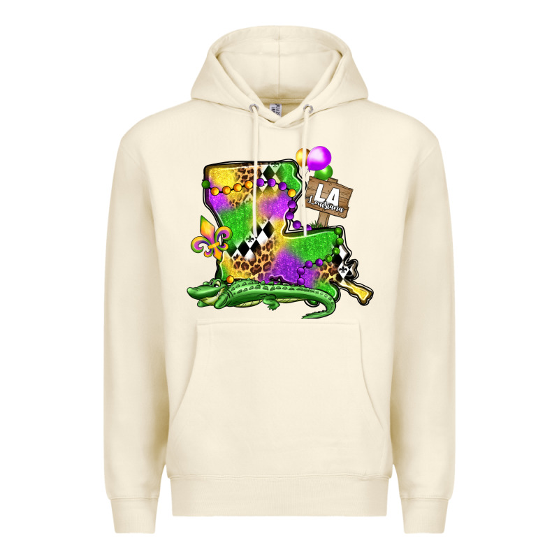 Louisiana Map Alligator Mardi Gras Olivia Premium Hoodie by OliviaCreatesArt | Teevron