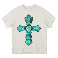 Cream western turquoise gemstone cross Heavy Core Tee - BarkalooDesign