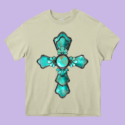 Western Turquoise Gemstone Cross Heavy Core Tee Designed By Barkaloodesign