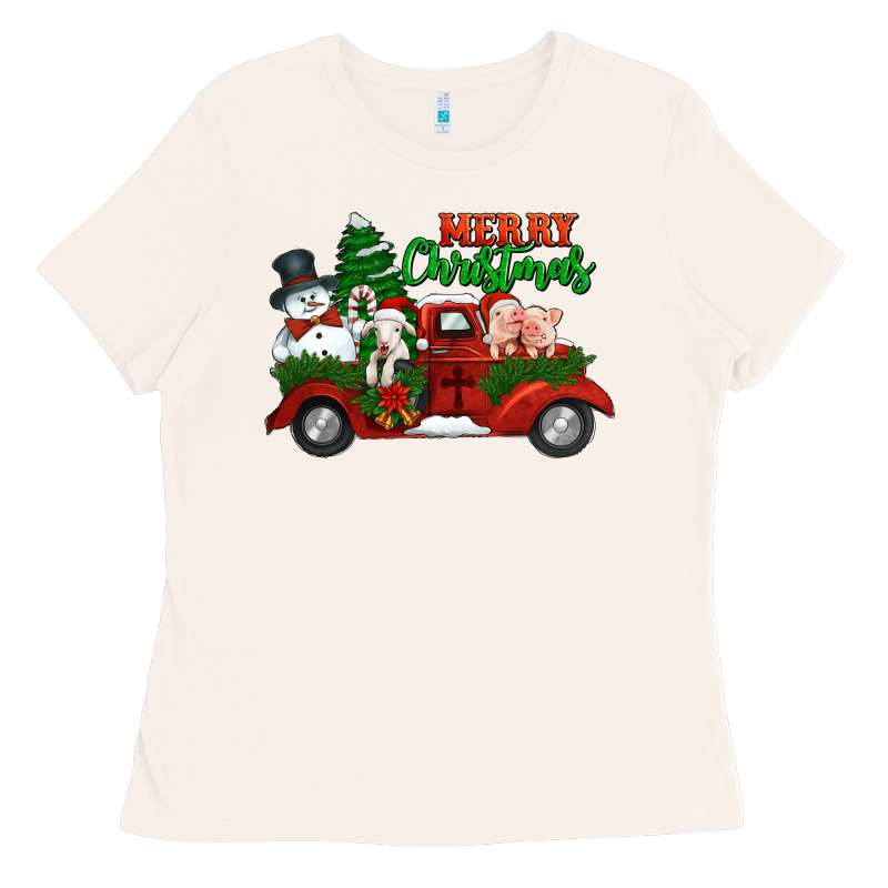 Merry Christmas Snowman And Farm Animals Truck Ladies Tee by Jasminsmagicworld | Teevron